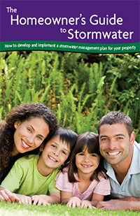 Cover of the Homeowners Guide to Stormwater, with a photo of two adults and two kids laying on the grass