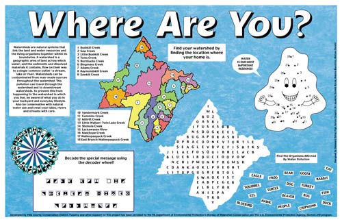 Kids' Placemat Activity with a word search and other activities regarding watershed education for Pike County