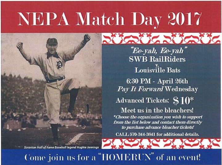 A flyer for NEPA Match Day 2017 with a black and white photo of a baseball player and information about the event