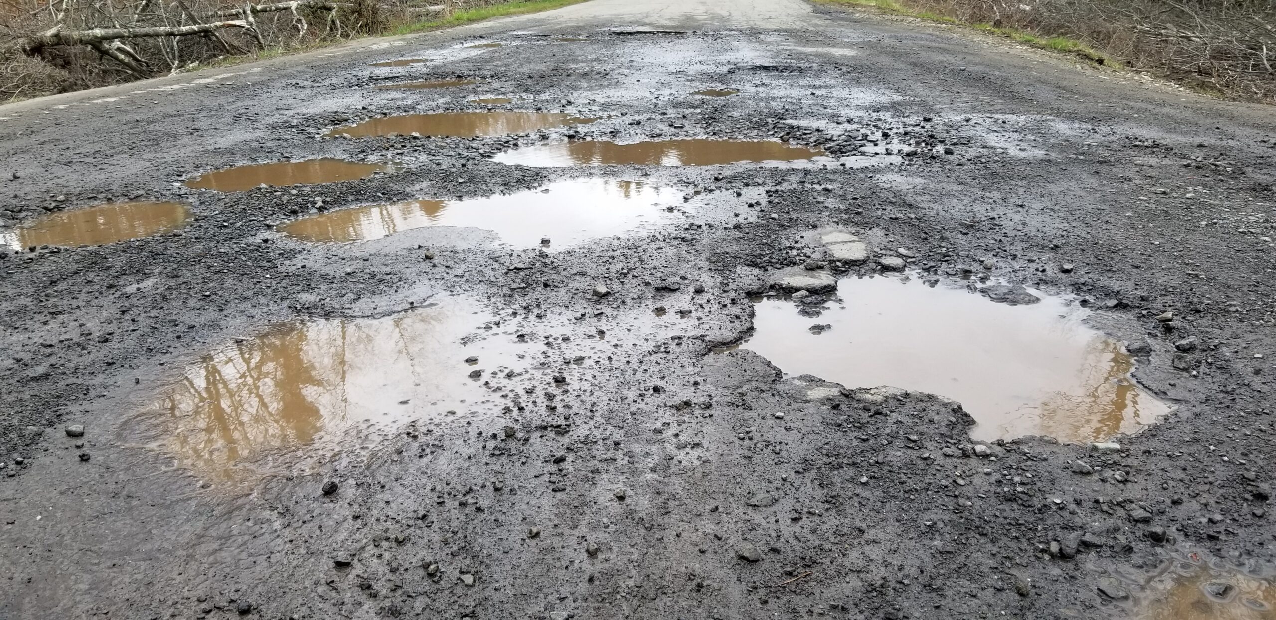 Puddles and potholes on a gravel road