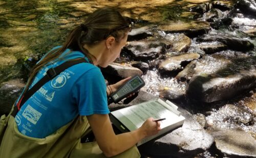 An image of Rachel Posavetz, watershed specialist, filling out a data sheet in the stream