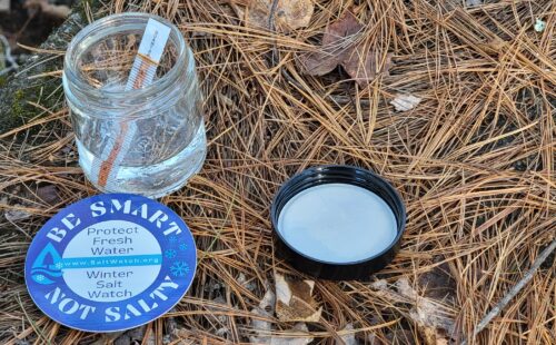 A Winter Salt Watch test immersed in a jar of water with a circle cutout with the message "Be Smart Not Salty"