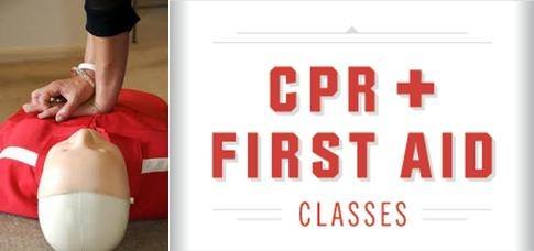 An ad for CPR and First Aid classes with a photo of a mannequin with a person's hands on its chest