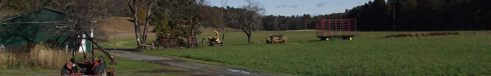 Agriculture equipment in a field surrounded by forest