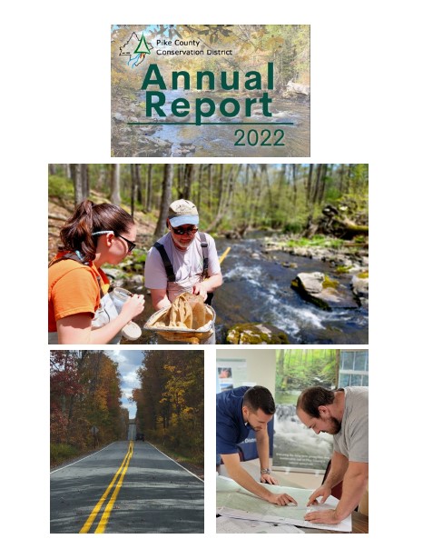 The cover of the 2022 District Annual Report with a photo of two staff members looking into a sampling net at a stream, a photo of a road in fall, and a photo of two staff members looking at a construction plan