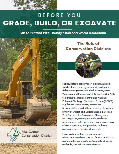 The cover of PCCD's Before You Grade, Build, Or Excavate brochure with text an the image of excavating equipment