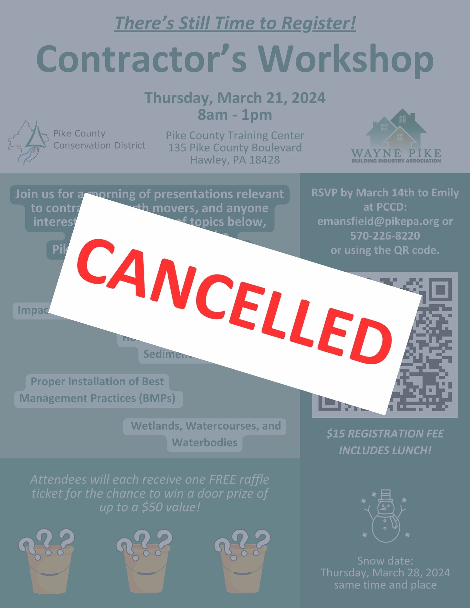 Flyer for the Contractor's Workshop with the text "Cancelled" overlaid