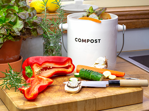 Photo of a kitchen compost container with vegetables.
