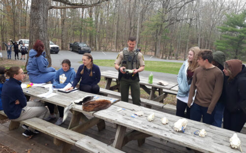 students listening to a game commission officer outside around a table with wildlife skulls