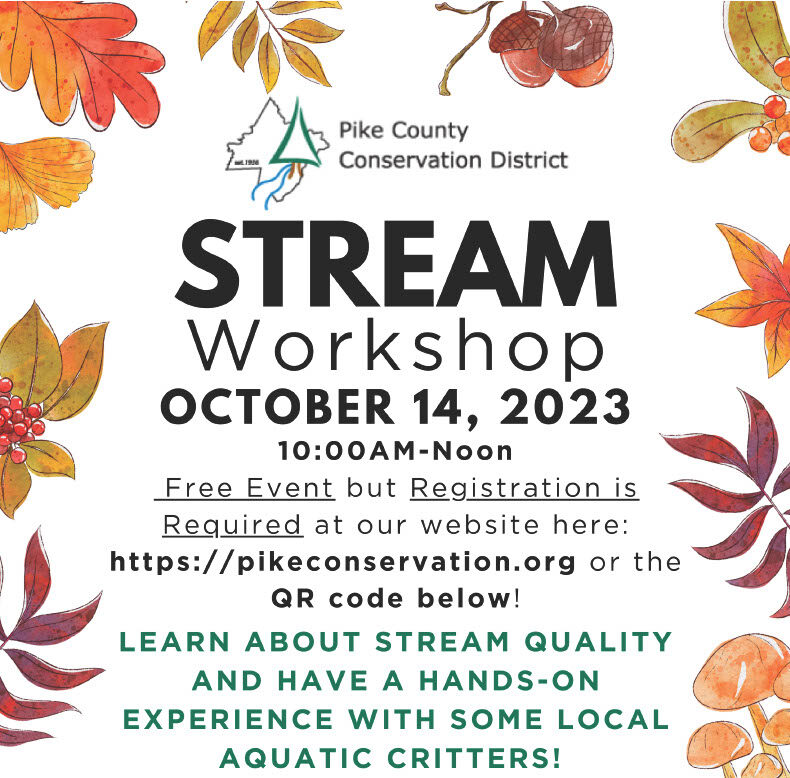 Flyer for the Fall Stream Workshop event with cartoon leaves and the text "Stream Workshop October 14, 2023 10am-noon. Free event but registration is required at our website or the QR code below! Learn about stream quality and have a hands-on experience with some local aquatic critters!"