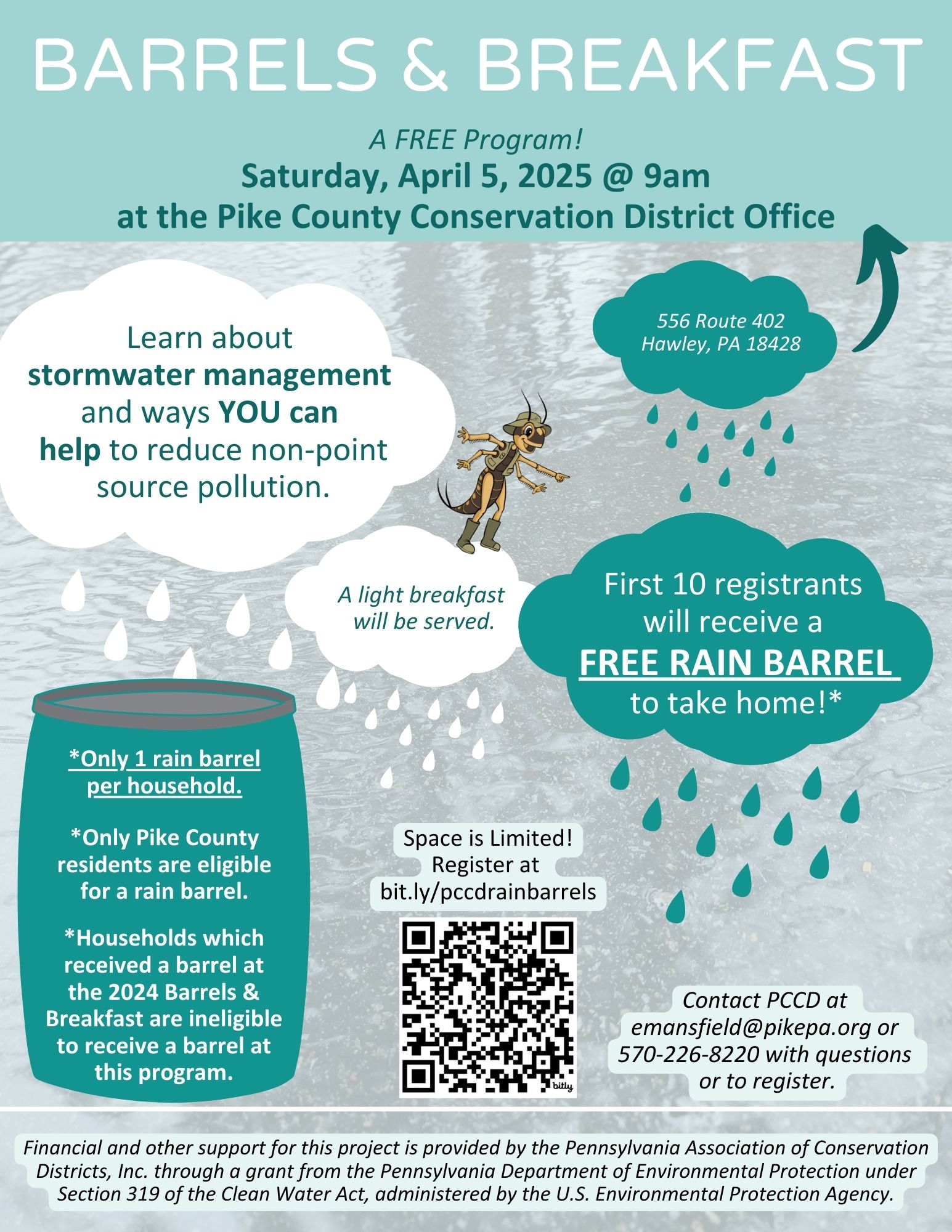 Flyer for the April 5, 2025 Barrels & Breakfast stormwater education program