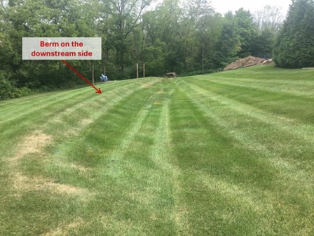 A mowed lawn with a raised area at the bottom of the slope