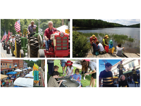 A photo composite of five images: A parade of people driving tractors, A family sitting on a dock on a lake shore, a street fair with vendor tents, a small group of kids standing at a table collecting samples, a group of people walking in a parade dressed as bees