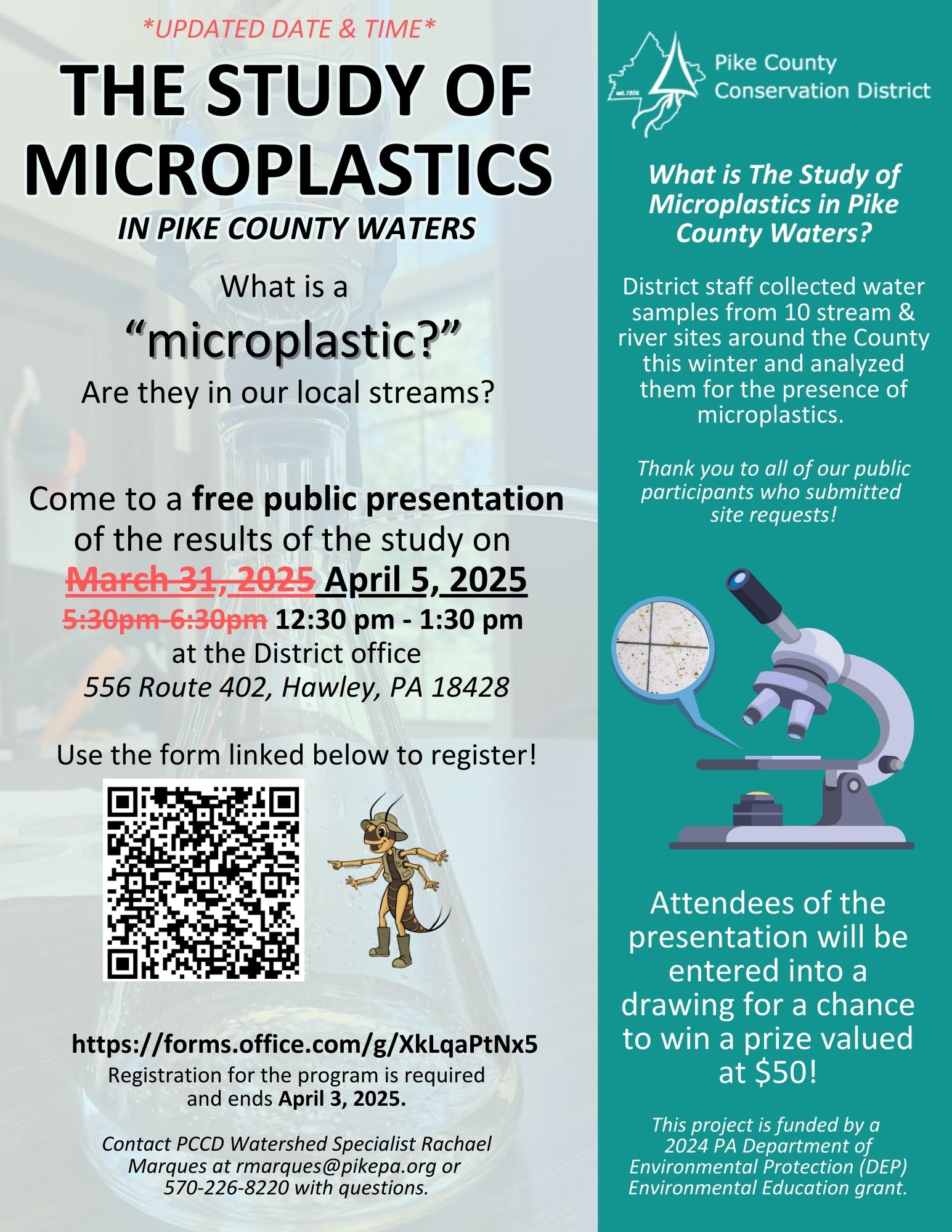 A flyer for the results presentation for "The Study of Microplastics in Pike County Waters"