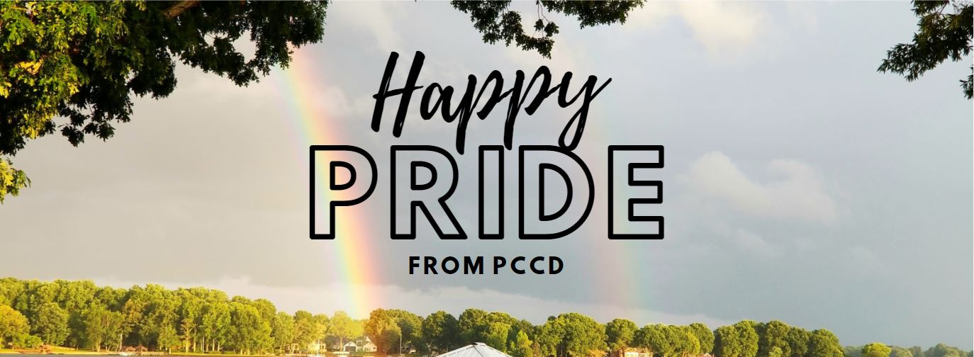 A rainbow photo with the words Happy Pride from PCCD over it