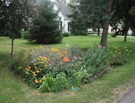 A garden with flowering plants in a mowed lawn in front of a house