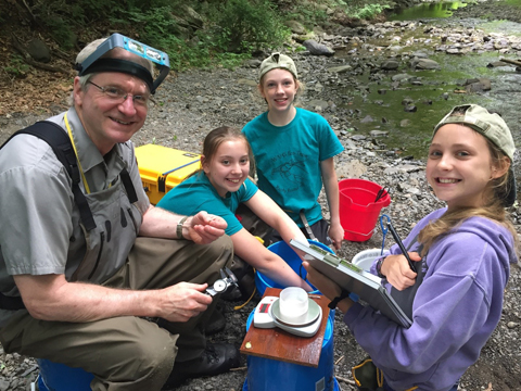 Wallenpaupack students and teacher seated on a stream bank with clipboards, sampling for rusty crayfish.