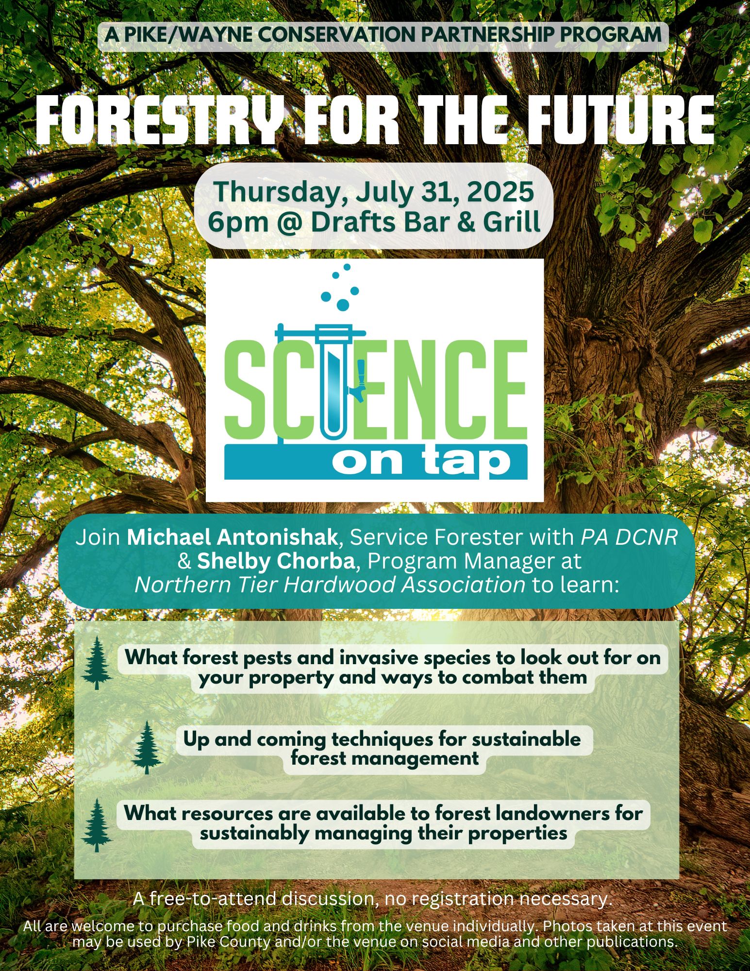 Flyer for July 2025 Science on Tap Forestry for the Future