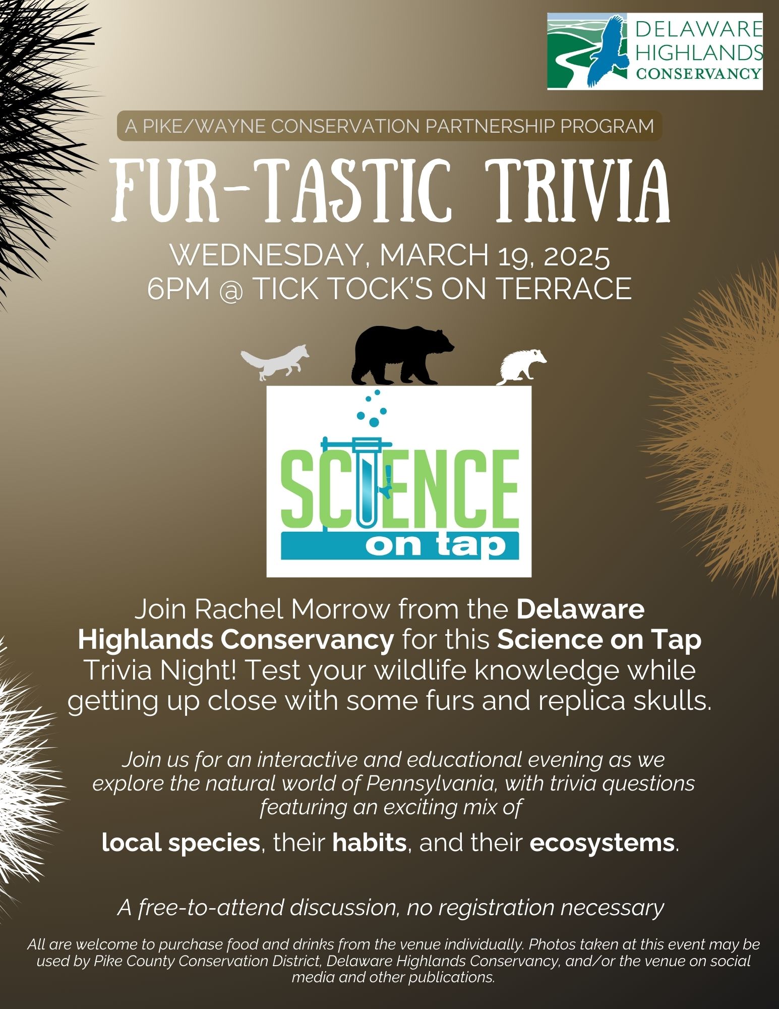 Flyer for the March Fur-tastic Trivia Science on Tap program at Tick Tock's on Terrace in Honesdale on March 19th at 6pm