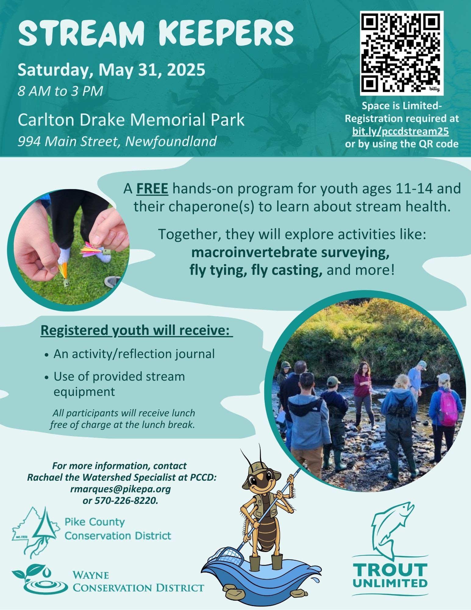 Flyer for the "Stream Keepers" program for youth and their adults to learn about stream health through hands-on activities