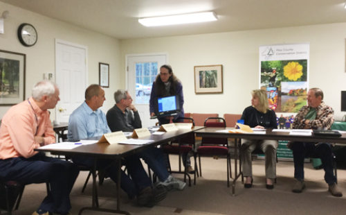 Photo of USGS Hydrologisy Lisa Senior presenting groundwater level final report to the Pike County Conservation District Board, seated at a table.