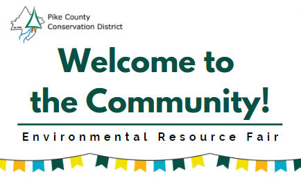 A cartoon banner of little flags with the words "Welcome to the Community! Environmental Resource Fair"