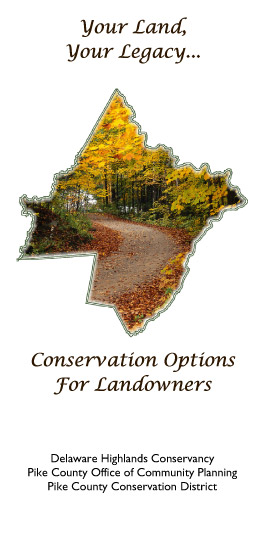 Your Land Your Legacy brochure cover with an outline of Pike County filled with an image of fall foliage