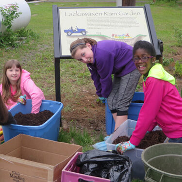 A group of students plant a rain garden
