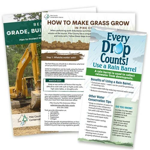 three PCCD brochures: Every Drop Counts, How to Make Grass Grow, and Before You Grade, Build, Or Excavate