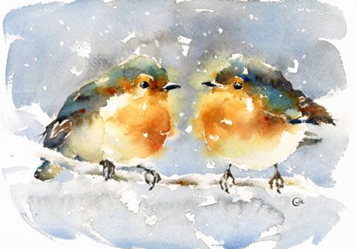 A painting of two small birds perched on a branch