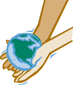An illustration of two hands holding an Earth