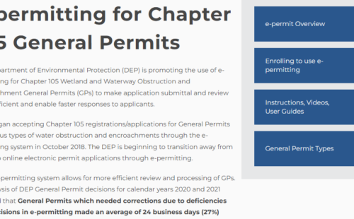 A screenshot of DEP's e-permitting for Chapter 105 General Permits webpage