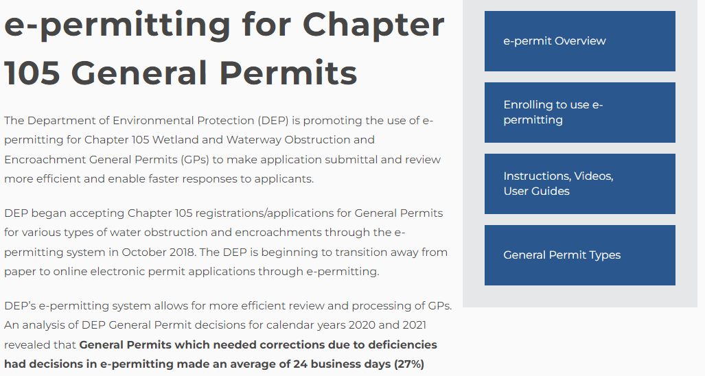 A screenshot of DEP's e-permitting for Chapter 105 General Permits webpage