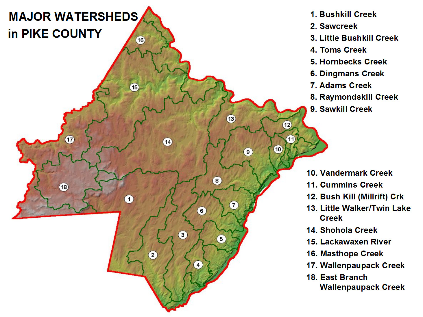 A watershed map showing the location of all 18 watersheds within Pike County